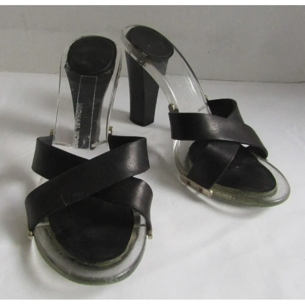 Michael Kors Black Leather Lucite Heels Chic Y2K Slide Sandals 6.5